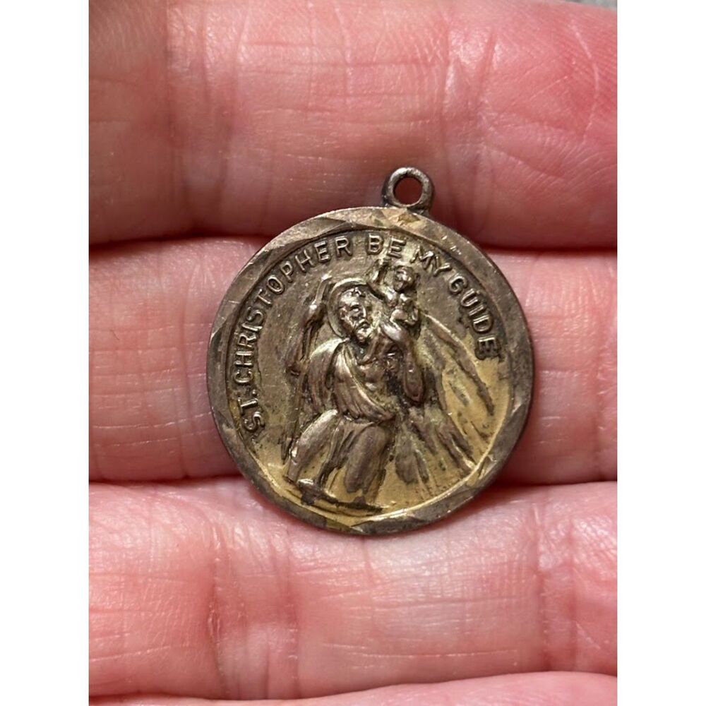 Vintage St Saint Christopher Sterling Silver Religious Medal Pendant Signed BJI - Picture 6 of 6